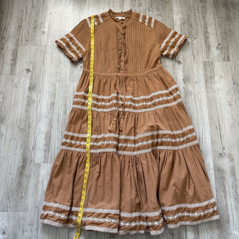 Ivy City Co. Cotton Santorini Dress L Brown Tiered Lace Trim Pintuck Midi Boho - Picture 7 of 10